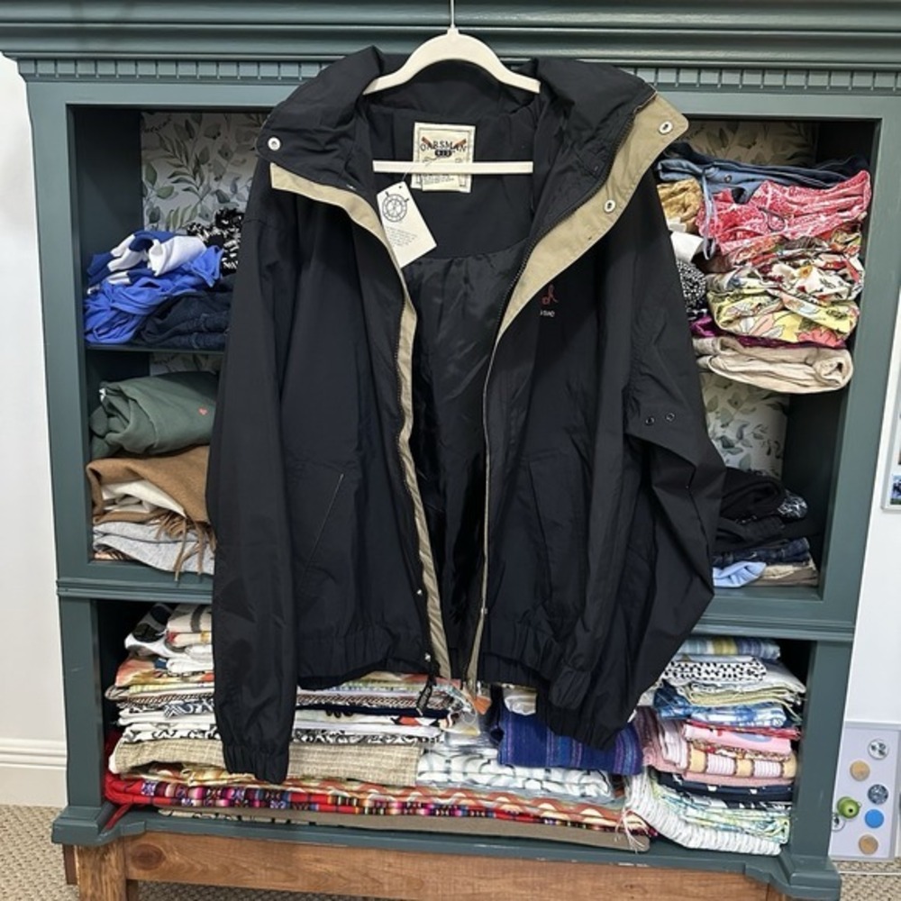 Vintage Oarsman 913 Jacket Mens XL Black Windbreaker Hooded Johnny Bench Pockets - Picture 10 of 12